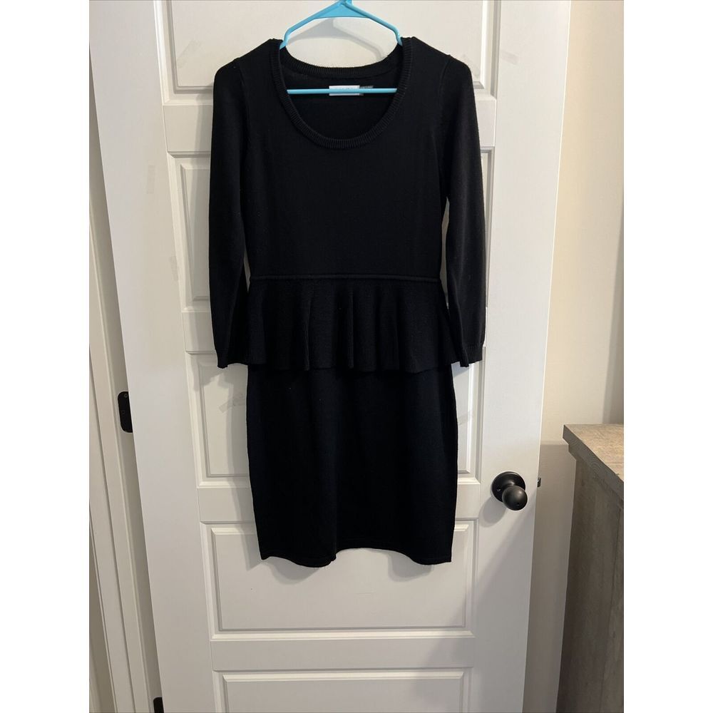 CALVIN‎ KLEIN Size S Sweater Dress Black Peplum Long Sleeve Scoop Neck Cocktail